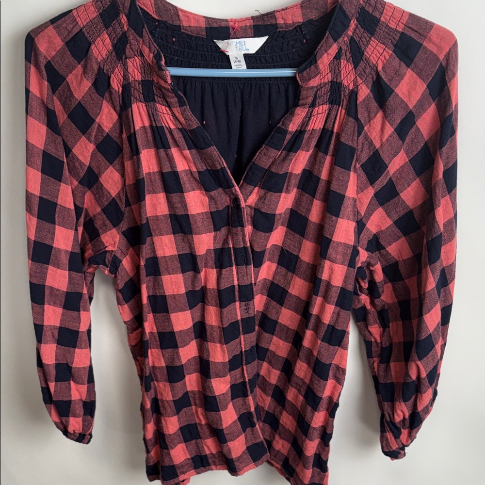 Time and Tru Red and Black Checkered Blouse - Cotton.